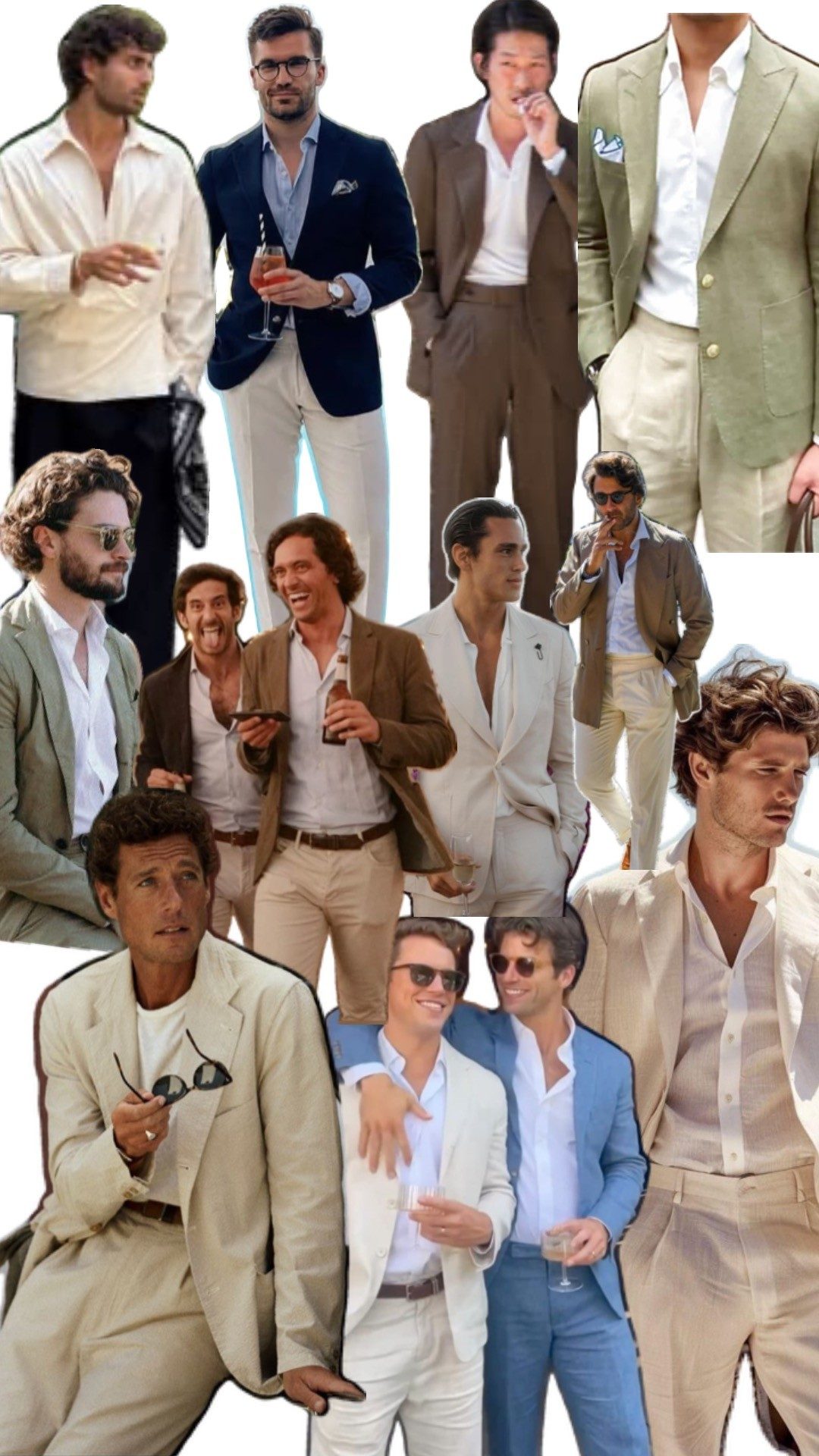 Gents’ mood board: linen suits in cream, sage, brown and navy