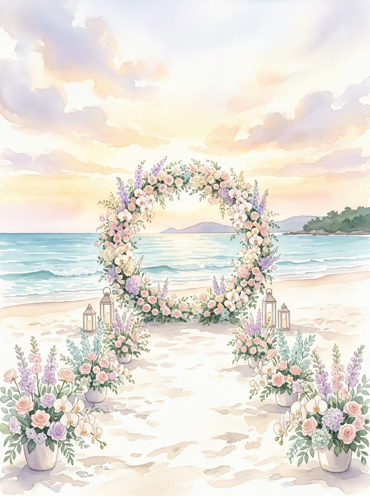 Watercolor of the beach ceremony: a floral arch by the sea at sunset